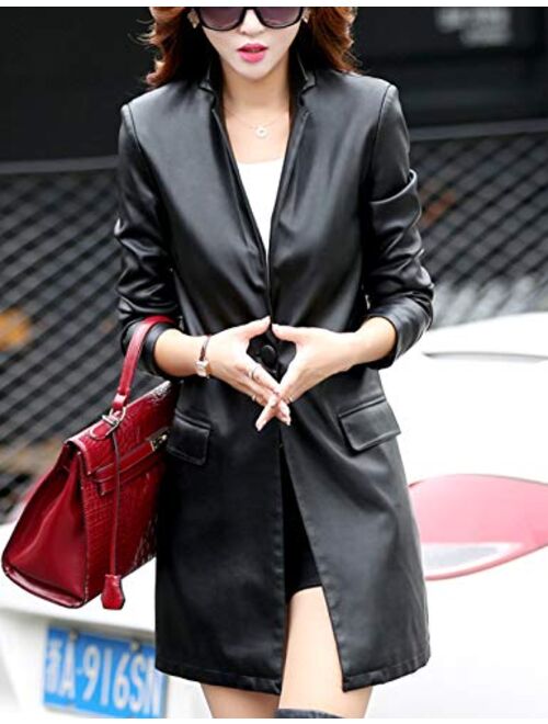 Tanming Womens PU Faux Leather Jacket Casual Lapel Long Suit Trench Coat Outerwear