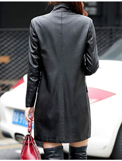 Tanming Womens PU Faux Leather Jacket Casual Lapel Long Suit Trench Coat Outerwear