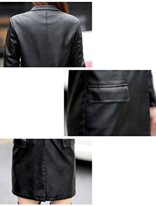 Tanming Womens PU Faux Leather Jacket Casual Lapel Long Suit Trench Coat Outerwear