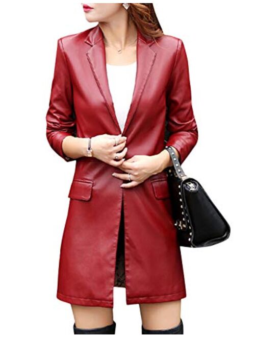 Tanming Womens PU Faux Leather Jacket Casual Lapel Long Suit Trench Coat Outerwear