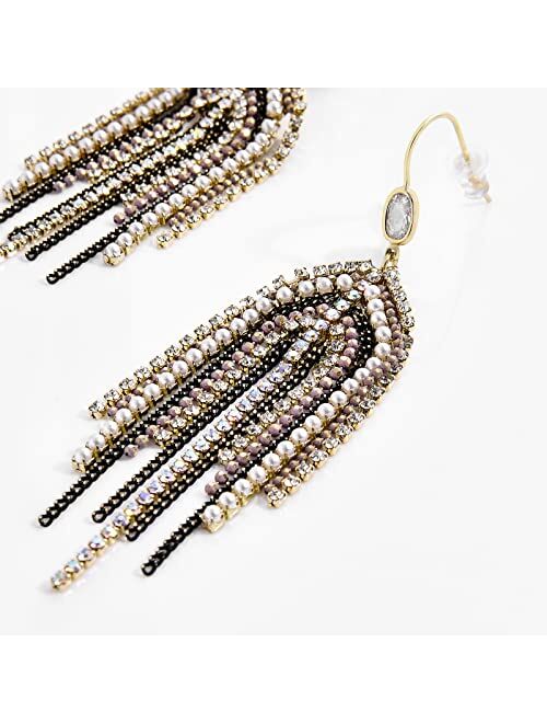 UTTMO Fringe Hook Dangling Earrings, Long Bohemian Handmade Beaded Cubic Zirconia Red Crystal Statement Boho Chain Tassel Earrings For Women Girls Bridal Wedding