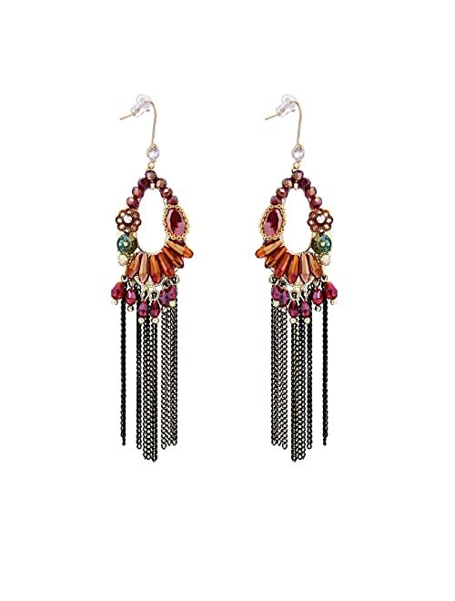 UTTMO Fringe Hook Dangling Earrings, Long Bohemian Handmade Beaded Cubic Zirconia Red Crystal Statement Boho Chain Tassel Earrings For Women Girls Bridal Wedding