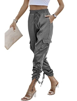 Women's Satin Jogger Pants Casual High Waist Long Lounge Pant Trousers with Pockets