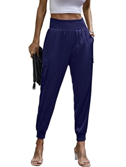 Women's Satin Jogger Pants Casual High Waist Long Lounge Pant Trousers with Pockets