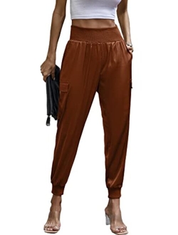 Women's Satin Jogger Pants Casual High Waist Long Lounge Pant Trousers with Pockets