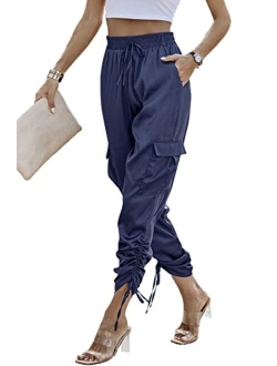 Women's Satin Jogger Pants Casual High Waist Long Lounge Pant Trousers with Pockets