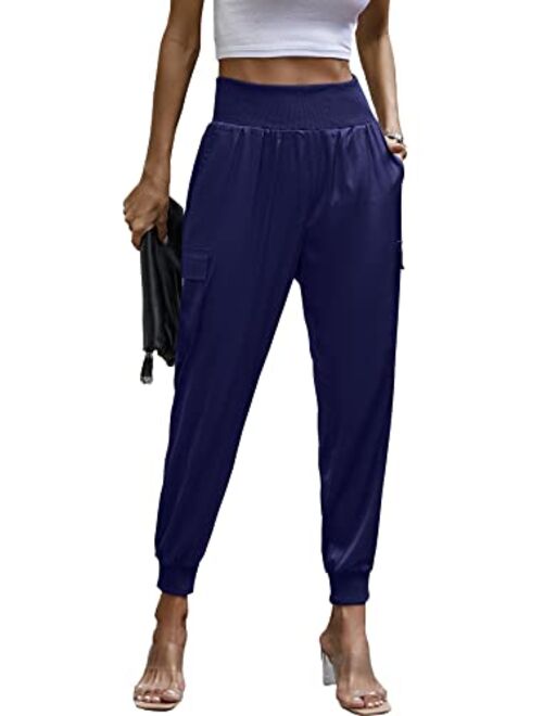 PRETTYGARDEN Women's Satin Jogger Pants Casual High Waist Long Lounge Pant Trousers with Pockets