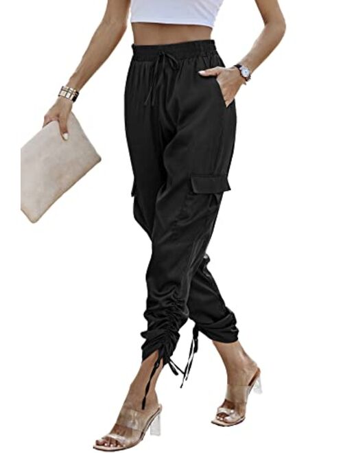 PRETTYGARDEN Women's Satin Jogger Pants Casual High Waist Long Lounge Pant Trousers with Pockets