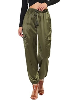 Women's Satin Joggers Drawstring Elastic High Waist Silky Satin Cargo Pants