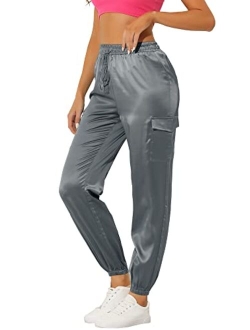 Women's Satin Joggers Drawstring Elastic High Waist Silky Satin Cargo Pants