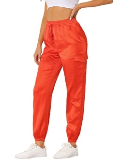 Women's Satin Joggers Drawstring Elastic High Waist Silky Satin Cargo Pants