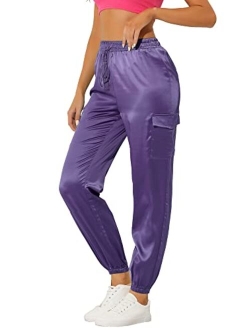 Women's Satin Joggers Drawstring Elastic High Waist Silky Satin Cargo Pants