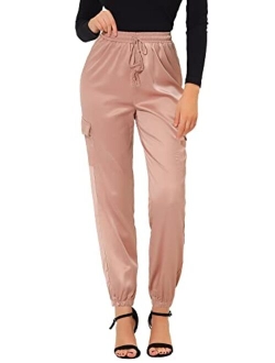 Women's Satin Joggers Drawstring Elastic High Waist Silky Satin Cargo Pants