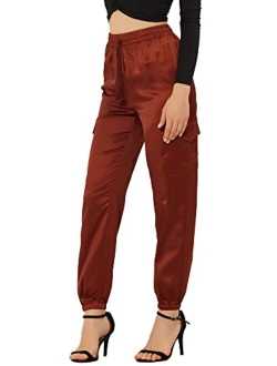 Women's Satin Joggers Drawstring Elastic High Waist Silky Satin Cargo Pants