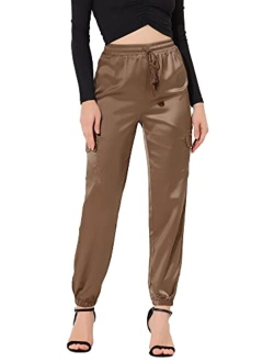 Women's Satin Joggers Drawstring Elastic High Waist Silky Satin Cargo Pants