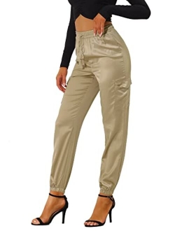 Women's Satin Joggers Drawstring Elastic High Waist Silky Satin Cargo Pants