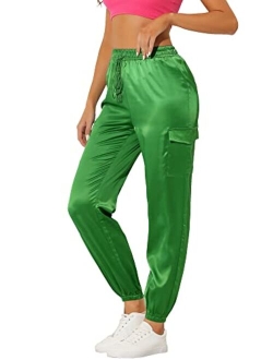 Women's Satin Joggers Drawstring Elastic High Waist Silky Satin Cargo Pants