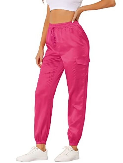 Allegra K Women's Satin Joggers Drawstring Elastic High Waist Silky Satin Cargo Pants