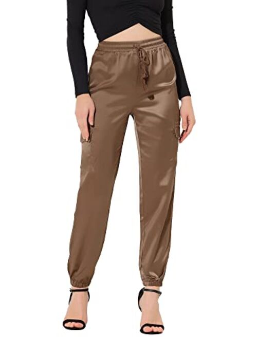 Allegra K Women's Satin Joggers Drawstring Elastic High Waist Silky Satin Cargo Pants