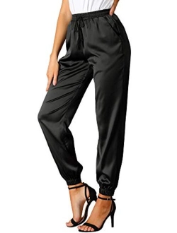 Women's Drawstring Elastic Waist Athleisure Pants Ankle Length Satin Joggers with Pocket