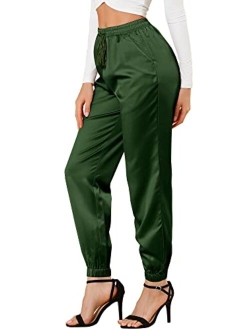 Women's Drawstring Elastic Waist Athleisure Pants Ankle Length Satin Joggers with Pocket