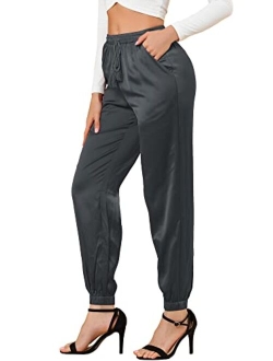 Women's Drawstring Elastic Waist Athleisure Pants Ankle Length Satin Joggers with Pocket