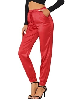 Women's Drawstring Elastic Waist Athleisure Pants Ankle Length Satin Joggers with Pocket