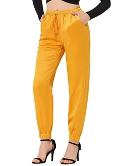 Women's Drawstring Elastic Waist Athleisure Pants Ankle Length Satin Joggers with Pocket