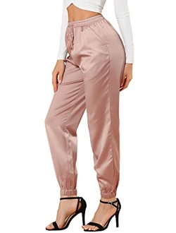 Women's Drawstring Elastic Waist Athleisure Pants Ankle Length Satin Joggers with Pocket