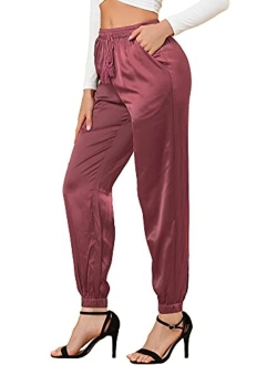 Women's Drawstring Elastic Waist Athleisure Pants Ankle Length Satin Joggers with Pocket