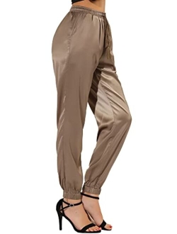 Women's Drawstring Elastic Waist Athleisure Pants Ankle Length Satin Joggers with Pocket