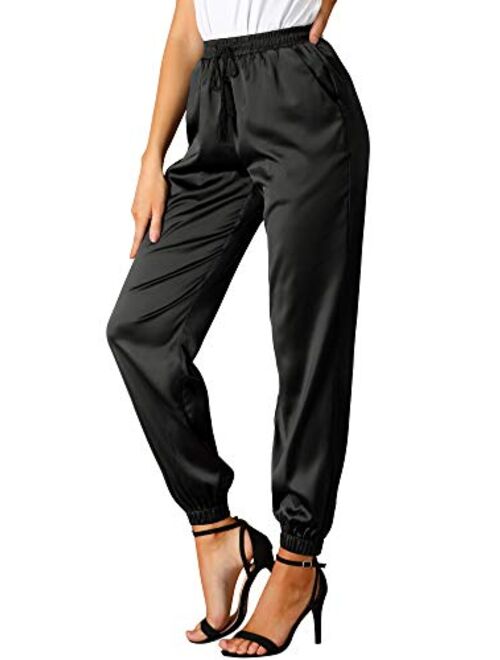 Allegra K Women's Drawstring Elastic Waist Athleisure Pants Ankle Length Satin Joggers with Pocket