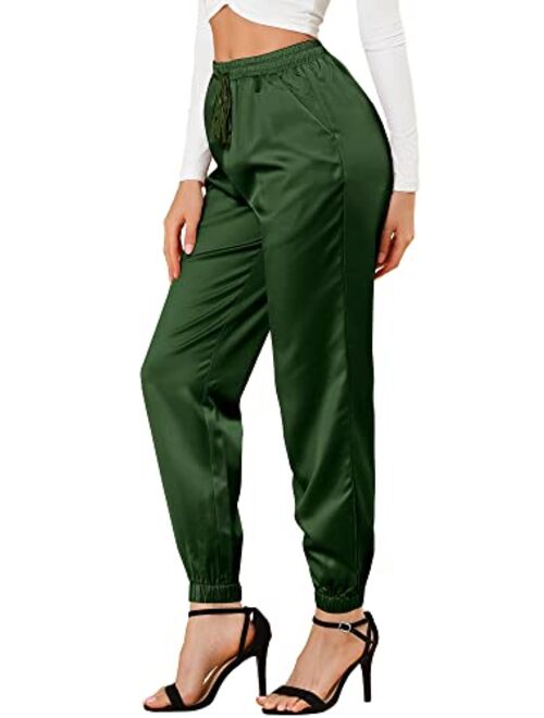 Allegra K Women's Drawstring Elastic Waist Athleisure Pants Ankle Length Satin Joggers with Pocket