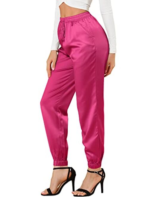 Allegra K Women's Drawstring Elastic Waist Athleisure Pants Ankle Length Satin Joggers with Pocket