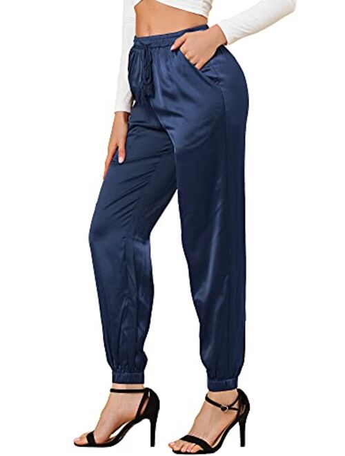 Allegra K Women's Drawstring Elastic Waist Athleisure Pants Ankle Length Satin Joggers with Pocket