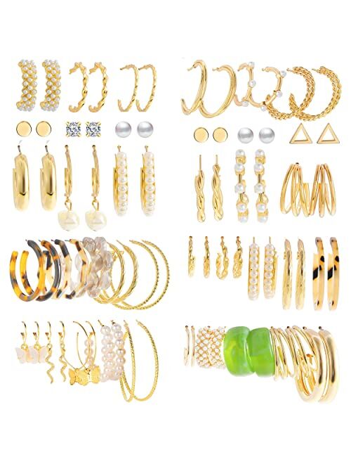 Showagain 30 Pairs Gold Hoop Earrings Set for Women Girls, Fashion Hoop Stud Drop Dangle Earrings Boho Statement Paperclip Hypoallergenic Earrings for Christmas Jewelry G