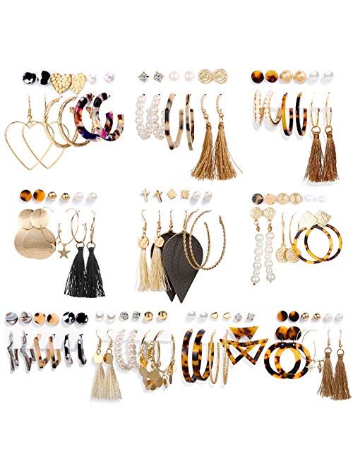 AROIC 55/60/72 Pairs Fashion Earrings Set with Leopard Hoop Stud Jacket Earrings,Bohemian Tassel Dangling Earrings for Women Girls Jewelry Valentine Birthday Party Gift