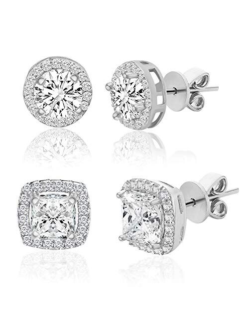 LESA MICHELE Women's Earrings - 925 Sterling Sliver Art Deco Bridal Wedding Halo Crystal Stud Earrings (2 Pack)