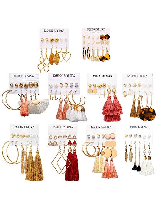 AROIC 63/75/93 Pairs Fashion Earrings with Tassel Earrings Layered Ball Dangle Hoop Stud Jacket Earrings for Women Girls Jewelry Fashion and Valentine Birthday Party Gift