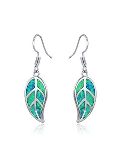 Barzel 18K White Gold/Rose Gold Plated Created White or Green Opal Leaf Drop Dangling Earrings