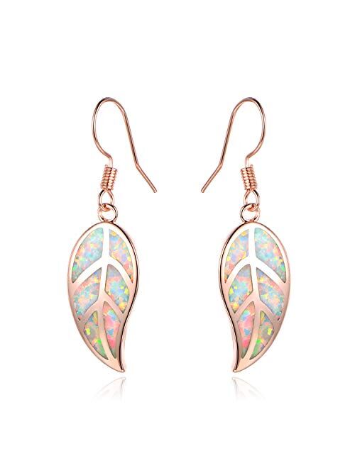 Barzel 18K White Gold/Rose Gold Plated Created White or Green Opal Leaf Drop Dangling Earrings