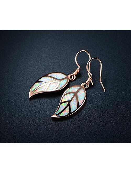 Barzel 18K White Gold/Rose Gold Plated Created White or Green Opal Leaf Drop Dangling Earrings