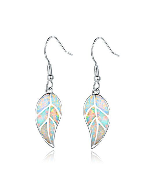 Barzel 18K White Gold/Rose Gold Plated Created White or Green Opal Leaf Drop Dangling Earrings