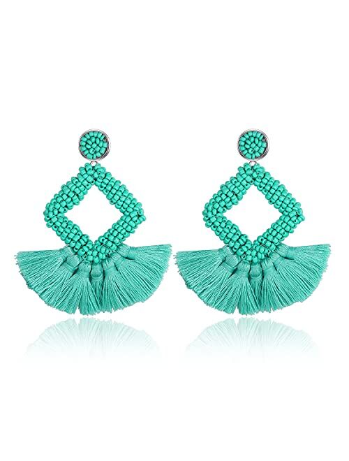 Funojoy Statement Earrings Women's Beaded Earrings Geometric Tassel Drop Dangle Earrings Bohemian Jewelry for Women Vocation Prom Bridal Party