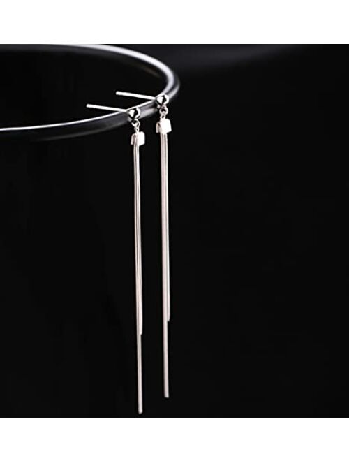 Reffeer 925 Sterling Silver Tassel Chain Earrings for Women Girls Long Dangle Drop Earrings Line Minimalist