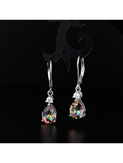 Voluka 925 Sterling Silver Blue Topaz/Amethyst/Rainbow Quartz CZ Teardrop Leverback Earrings Drop Dangly Gemstone Earings Hypoallergenic Birthday Jewelry Gifts for Women 