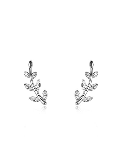 Reffeer 925 Sterling Silver Leaf Climber Stud Earrings Crawler for Women Girls Crystal Leaf Stud Earrings