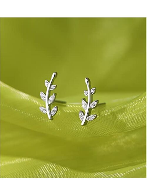 Reffeer 925 Sterling Silver Leaf Climber Stud Earrings Crawler for Women Girls Crystal Leaf Stud Earrings