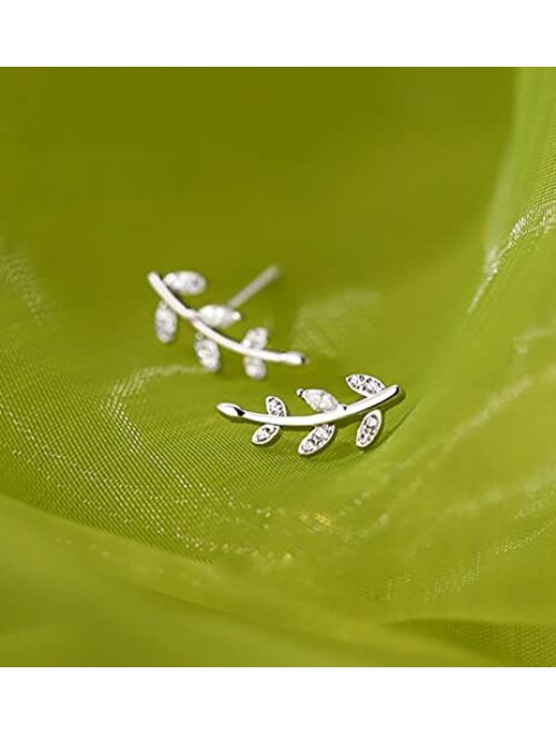 Reffeer 925 Sterling Silver Leaf Climber Stud Earrings Crawler for Women Girls Crystal Leaf Stud Earrings