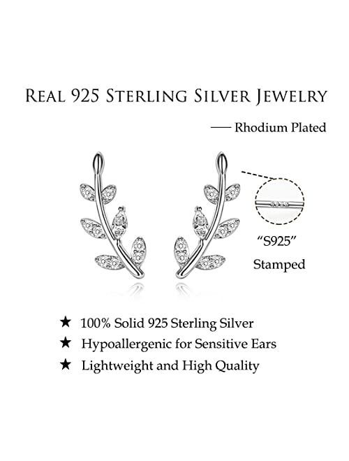 Reffeer 925 Sterling Silver Leaf Climber Stud Earrings Crawler for Women Girls Crystal Leaf Stud Earrings